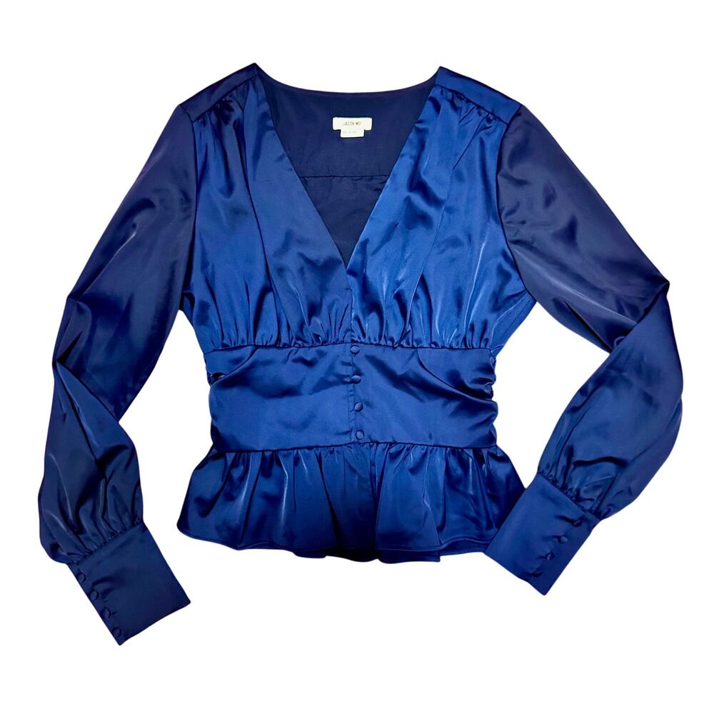 Jason Wu Satin Babydoll Peplum Blouse Small Navy Plunge Holiday Coquette Peasant - Picture 2 of 15